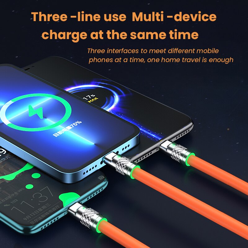 120W 3 In 1 Supercharging Cable Micro USB Type-C Fast Charger Micro USB Type-C Data Cable For 14 13