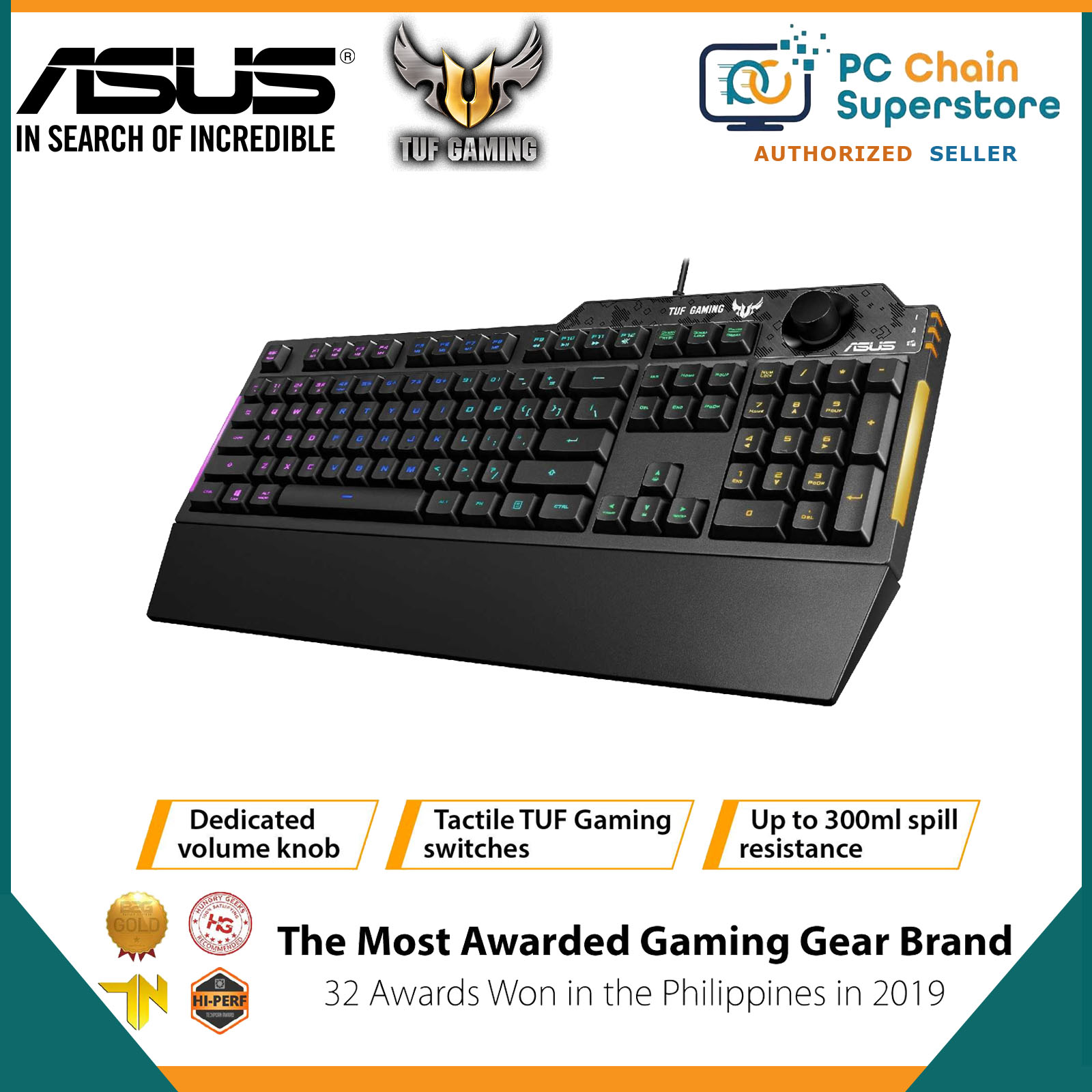 ASUS TUF Gaming K1 RGB keyboard with dedicated volume knob, spill