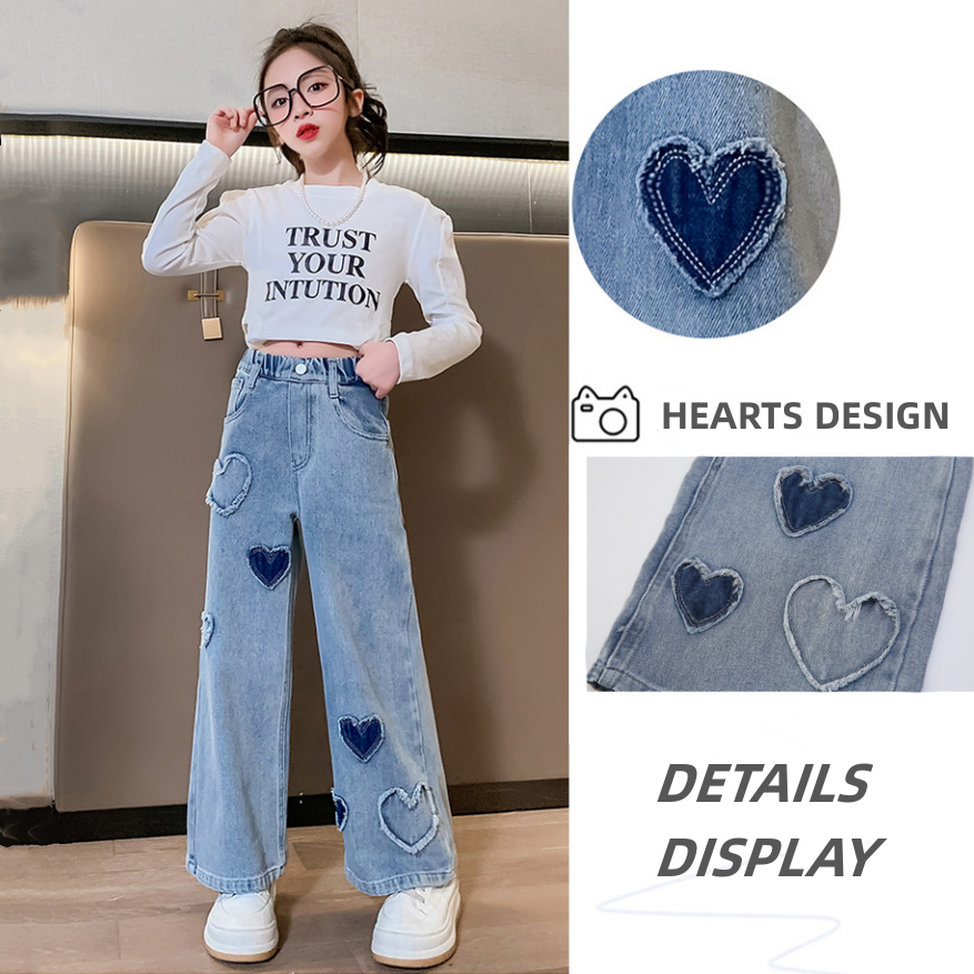 Pants for Kids 10 to 12 Girls Hearts Design Slim Fit Wide-Leg