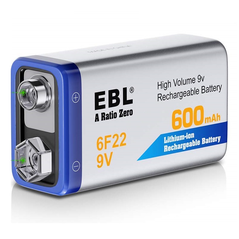 EBL 6F22 9V 600mAh Li-Ion Battery Rechargeable Batteries 9 Volt High Volume  Battery for Electric Guitar, Remote Controls etc (20 Pack ) 