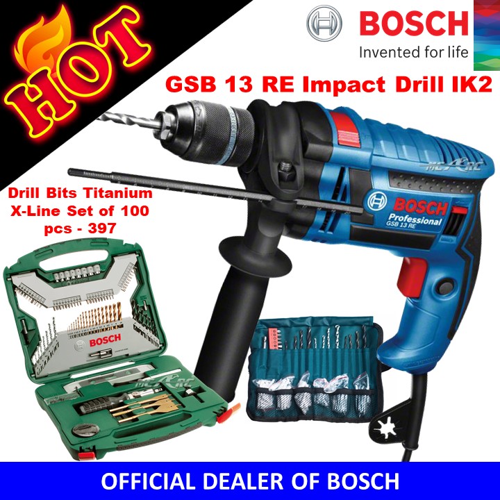 Bosch GSB 13 RE WRAP Impact Drill IK2 With Bosch Drill Bits Titanium X ...