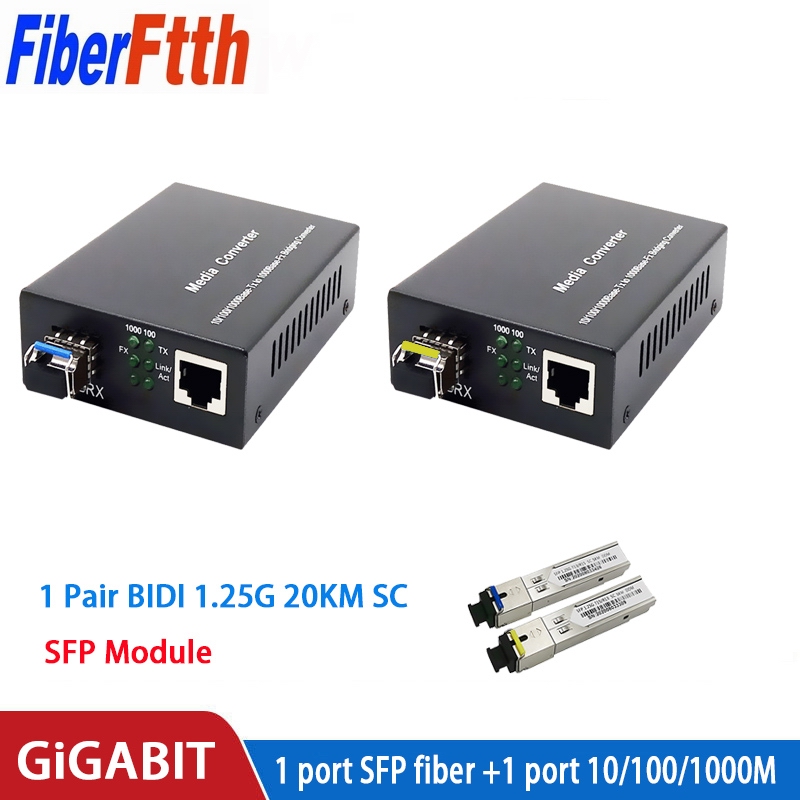 1 pair fiber optical media converter 1 port sfp to 1 rj45 gigabit optical fiber ethernet 10/100/1000m