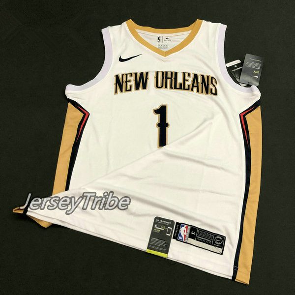 ใหม่ Original บาสเก็ตบอล NBA New Orleans Pelicans #1 Zion Williamson 2020-21 Association สำหรับผู้ชายความร้อน-Pressed Swingman สีขาว