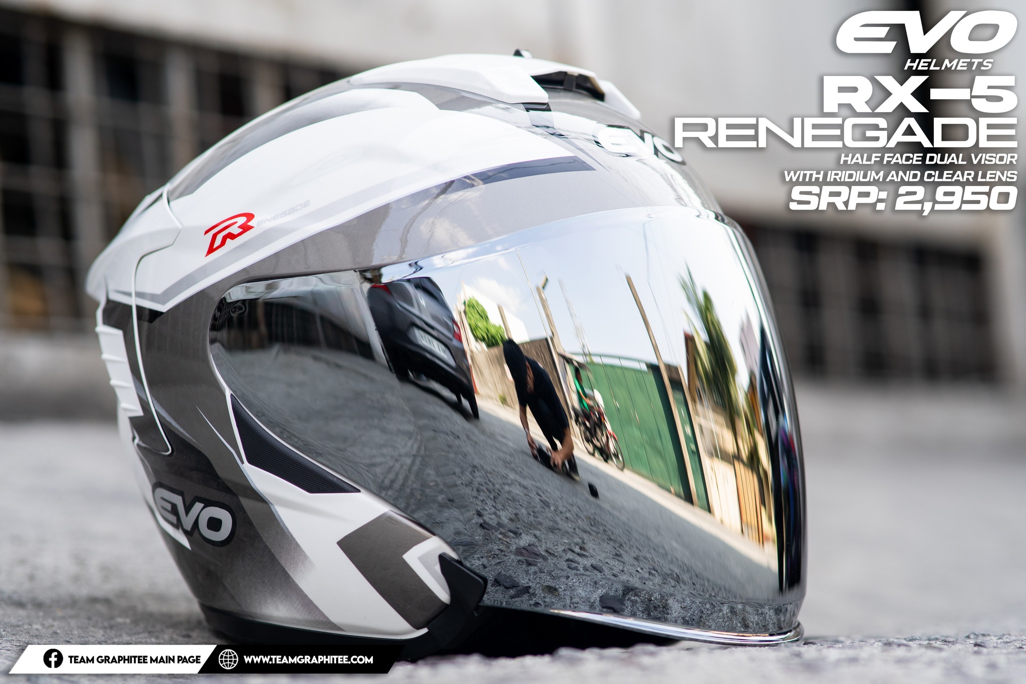EVO RX5 RENEGADE BLACK GRAY (IRIDIUM LENS) HALF FACE DUAL VISOR HELMET