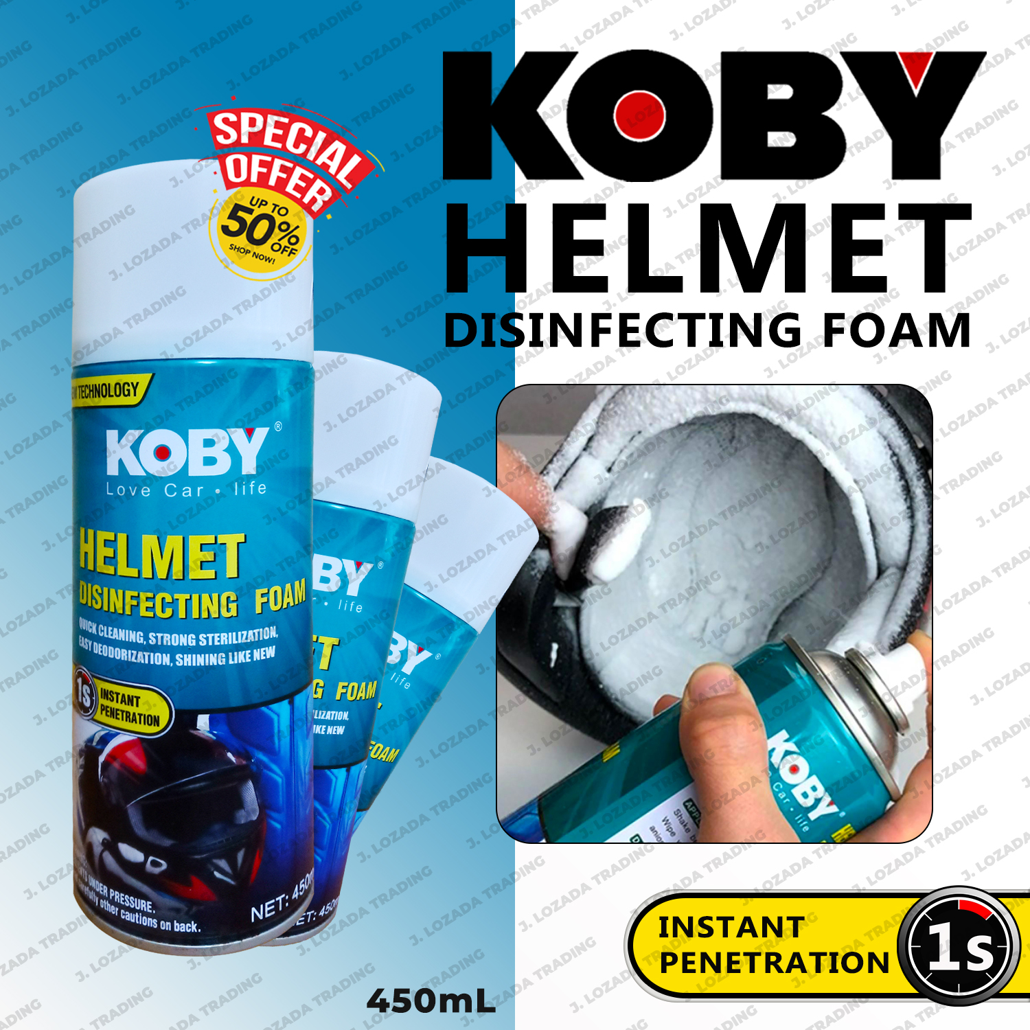 KOBY Helmet Deodorizer Foam Spray 450ml Quick Cleaning Disinfectant