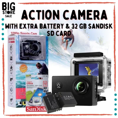 【 EXTRA BATTERY + 32GB SD CARD 】 SPORTS CAM Extreme HD 1080P Action Camera Motorcycle Recorder Bicycle Recorder 1080P 2.0 LCD Screen Waterproof 30M DV Recording Mini Skiing Bicycle Photo Video Cam Sports Action Camera With Waterproof Case (black)