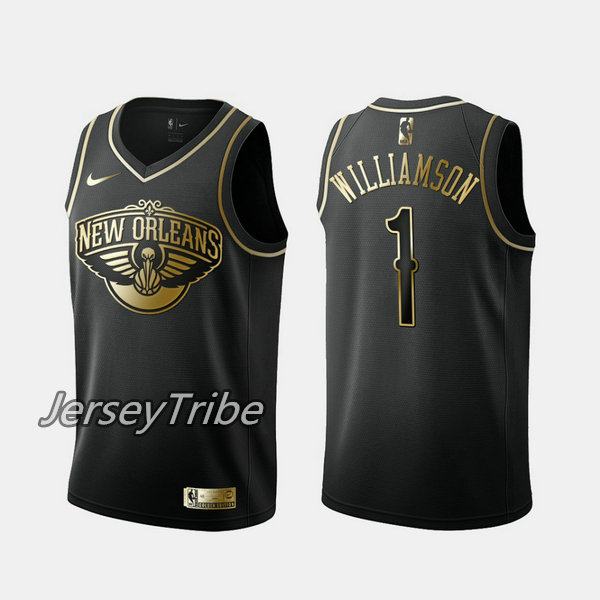 ใหม่ Original บาสเก็ตบอล NBA New Orleans Pelicans #1 Zion Williamson สีดำฉบับทองสำหรับผู้ชายความร้อน-Pressed Swingman