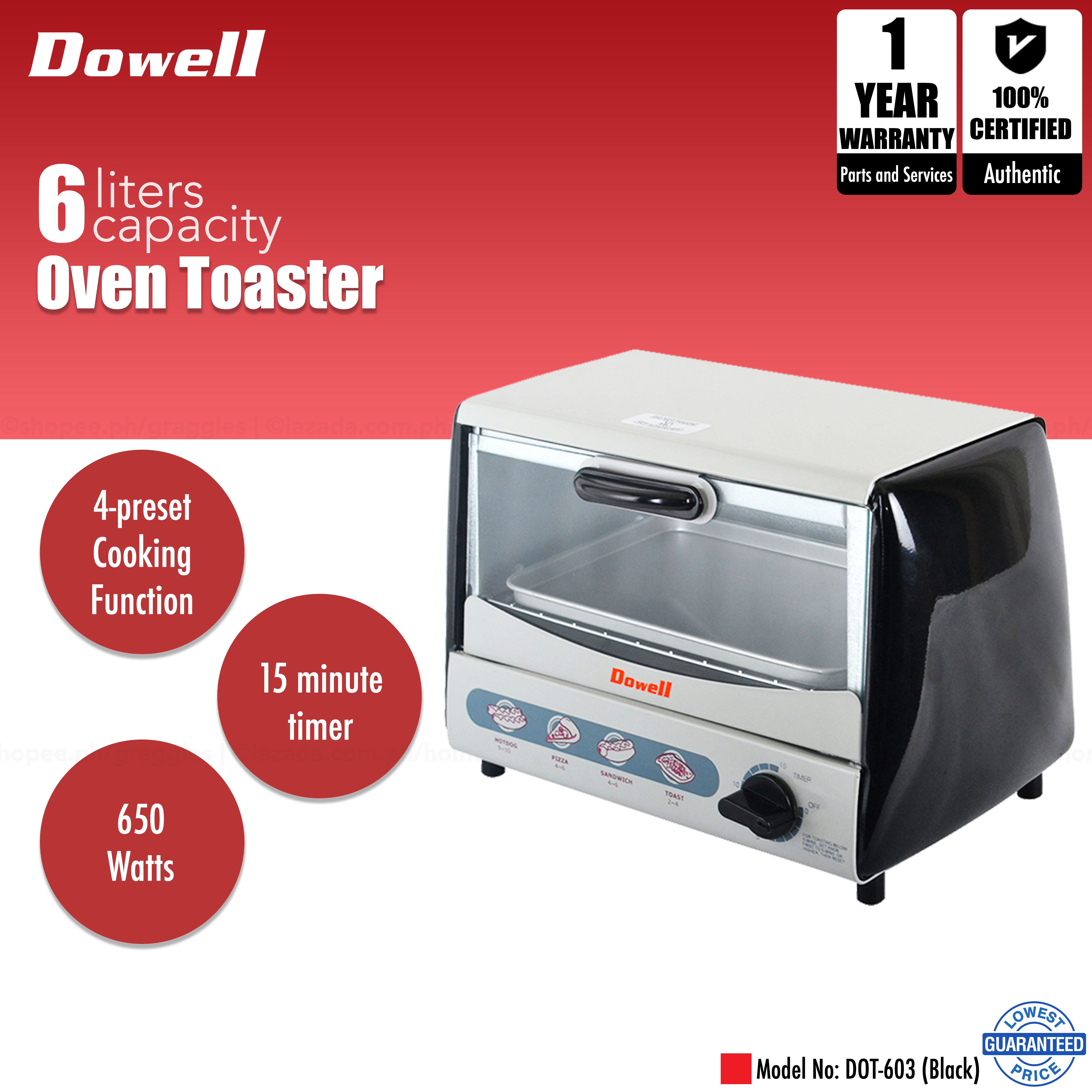 Dowell 6L Oven Toaster DOT603 (Black) Lazada PH