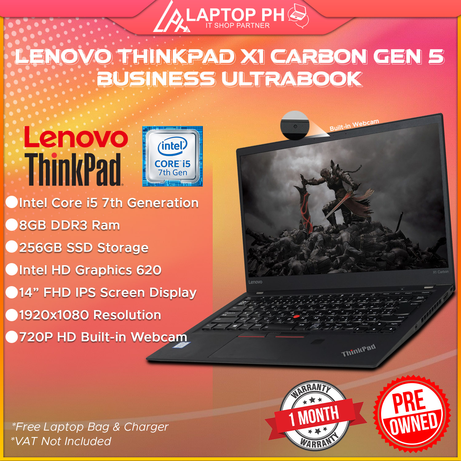 LENOVO Thinkpad X1 Carbon Gen5 14" Business Ultrabook Laptop Intel