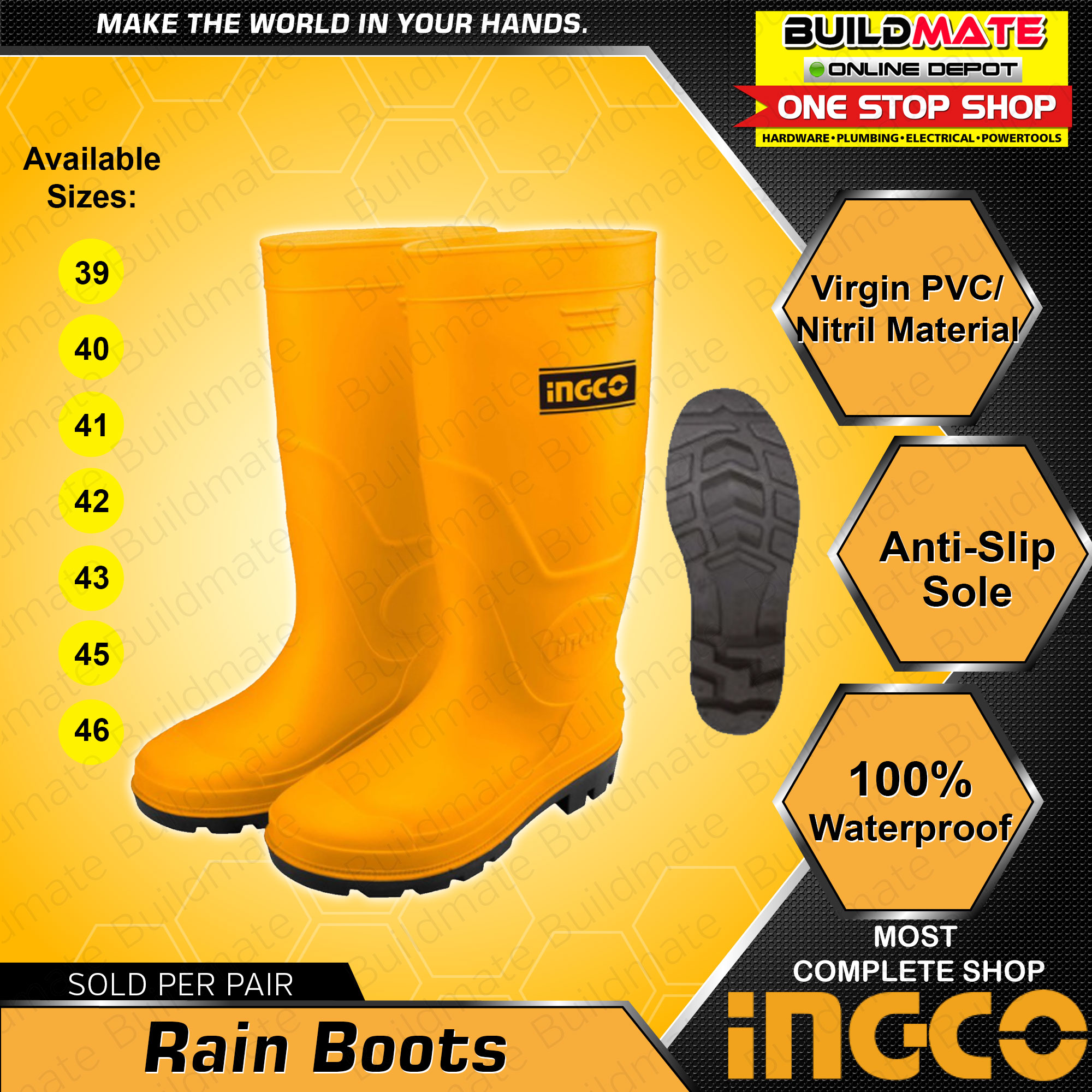 INGCO Industrial Heavy Duty Rain Boots Virgin PVC Nitrile SOLD IN PAIRS