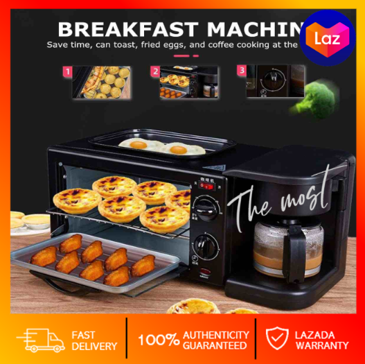 3-in-1 Breakfast Station - Coffee Maker, Non-Stick Griddle, and Toaster Oven - Versatile Breakfast Maker Machine with Timer for Kitchenettes/