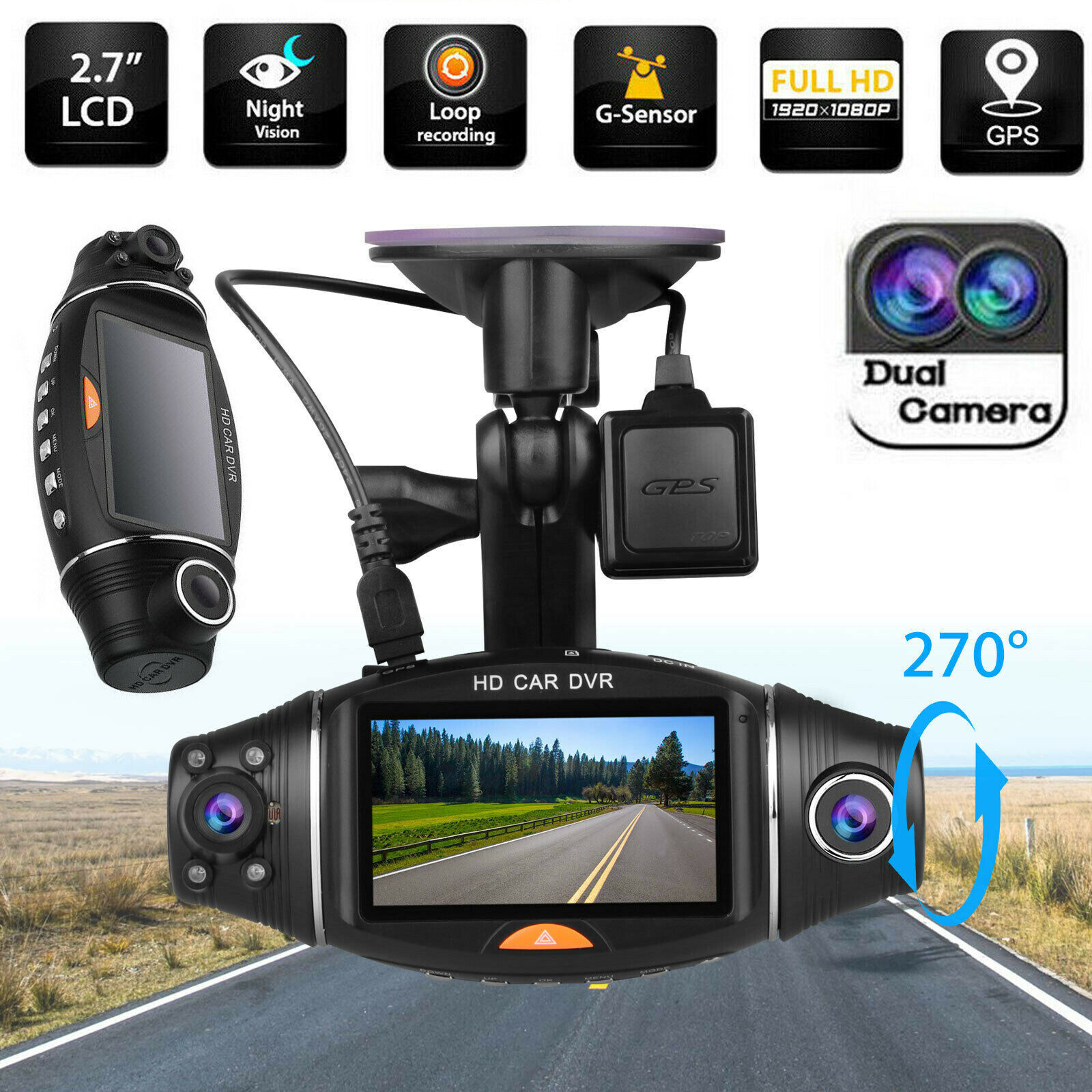 Full HD 1080P 2.7 Dual Lens Car DVR GPS 