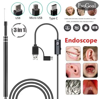 EsoGoal 3 in 1 USB Ear Cleaning Endoscope HD Visual Ear Spoon Earpick With Mini Camera Borescope Inspection Earwax Remover Cleaner Tool with 6 Adjustable Lights for Android Smart Phone/Tablet/Windows PC