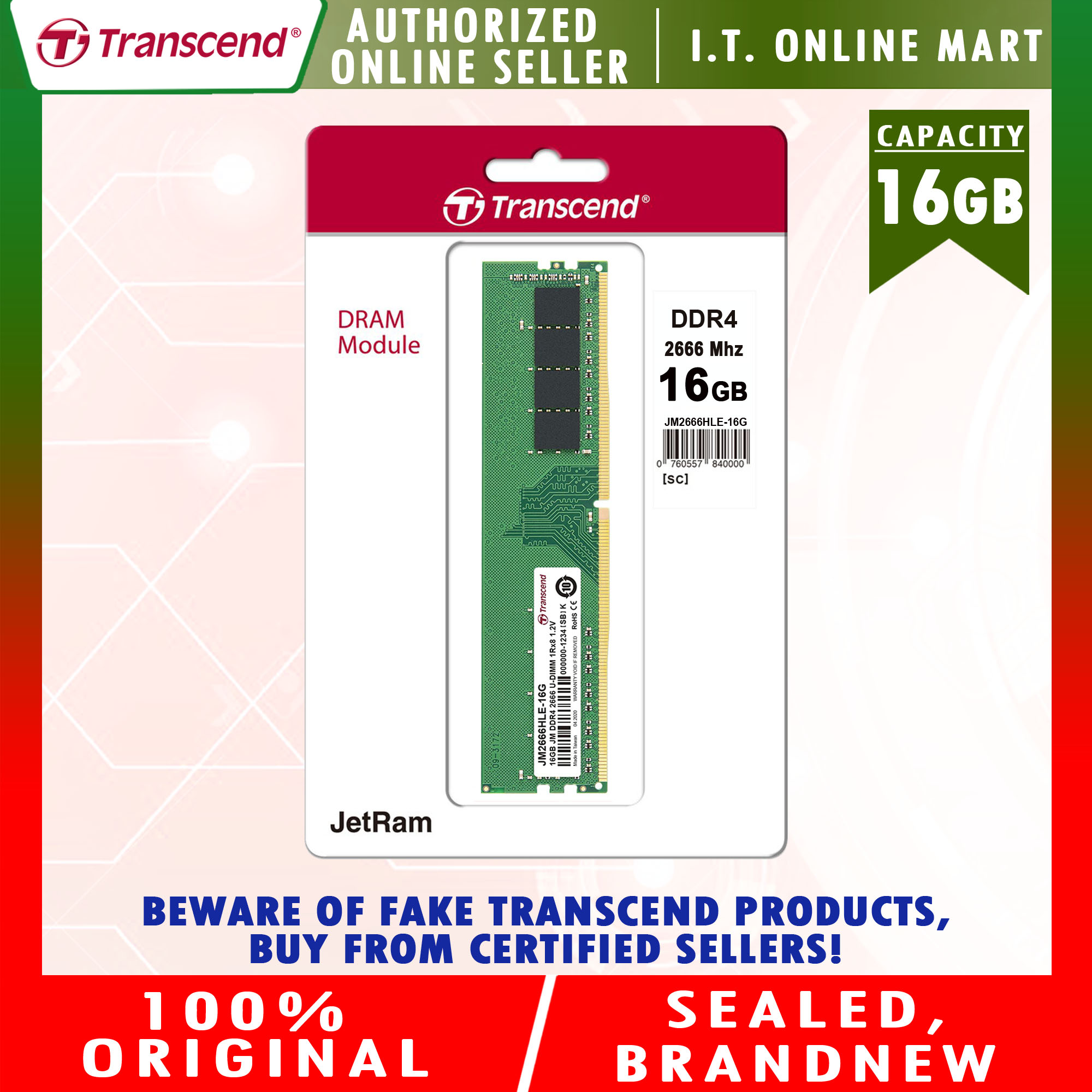 Transcend JetRam 16GB DDR4 2666MHz Desktop JM2666HLE-16G