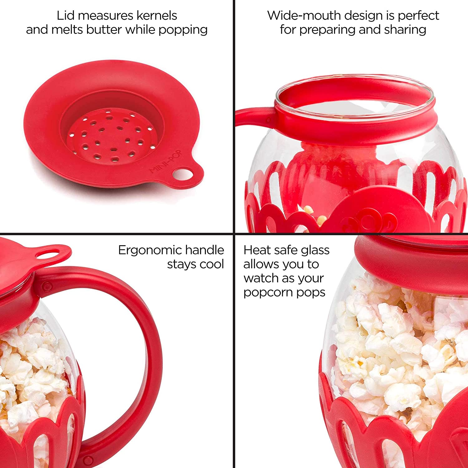  The Original Korcci 3 Quart Microwave Glass Popcorn Popper,  Borosilicate Glass, Dishwasher Safe, 3-in-1 Silicone Lid, BPA Free, Family  Size (Red): Home & Kitchen