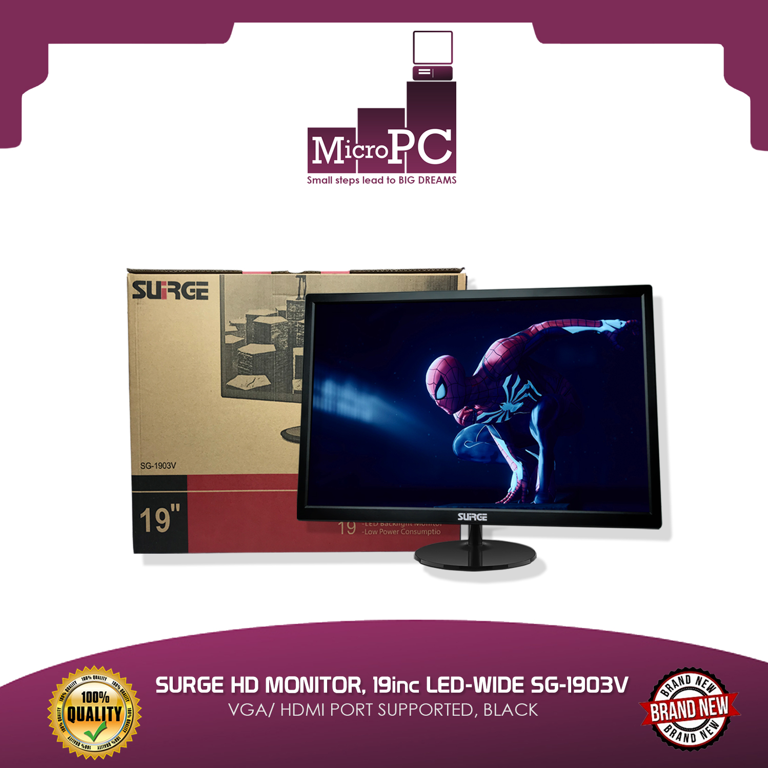SURGE HD MONITOR, 19inc LEDWIDE SG1903V, VGA/ HDMI PORT SUPPORTED