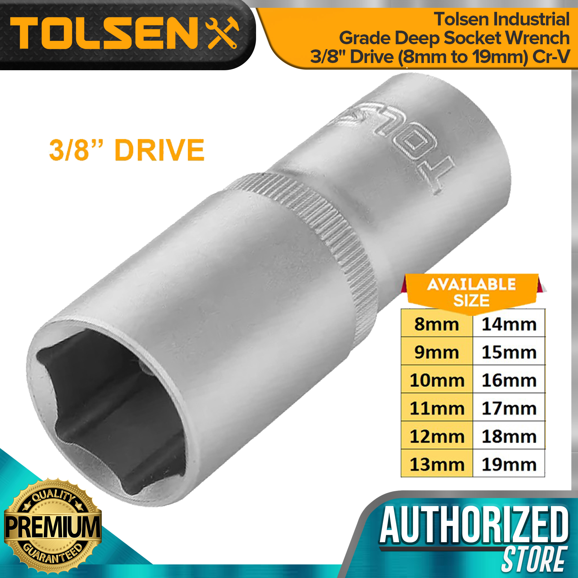 Tolsen Industrial Grade Deep Socket Wrench 3/8" Drive (8mm to 19mm) Cr