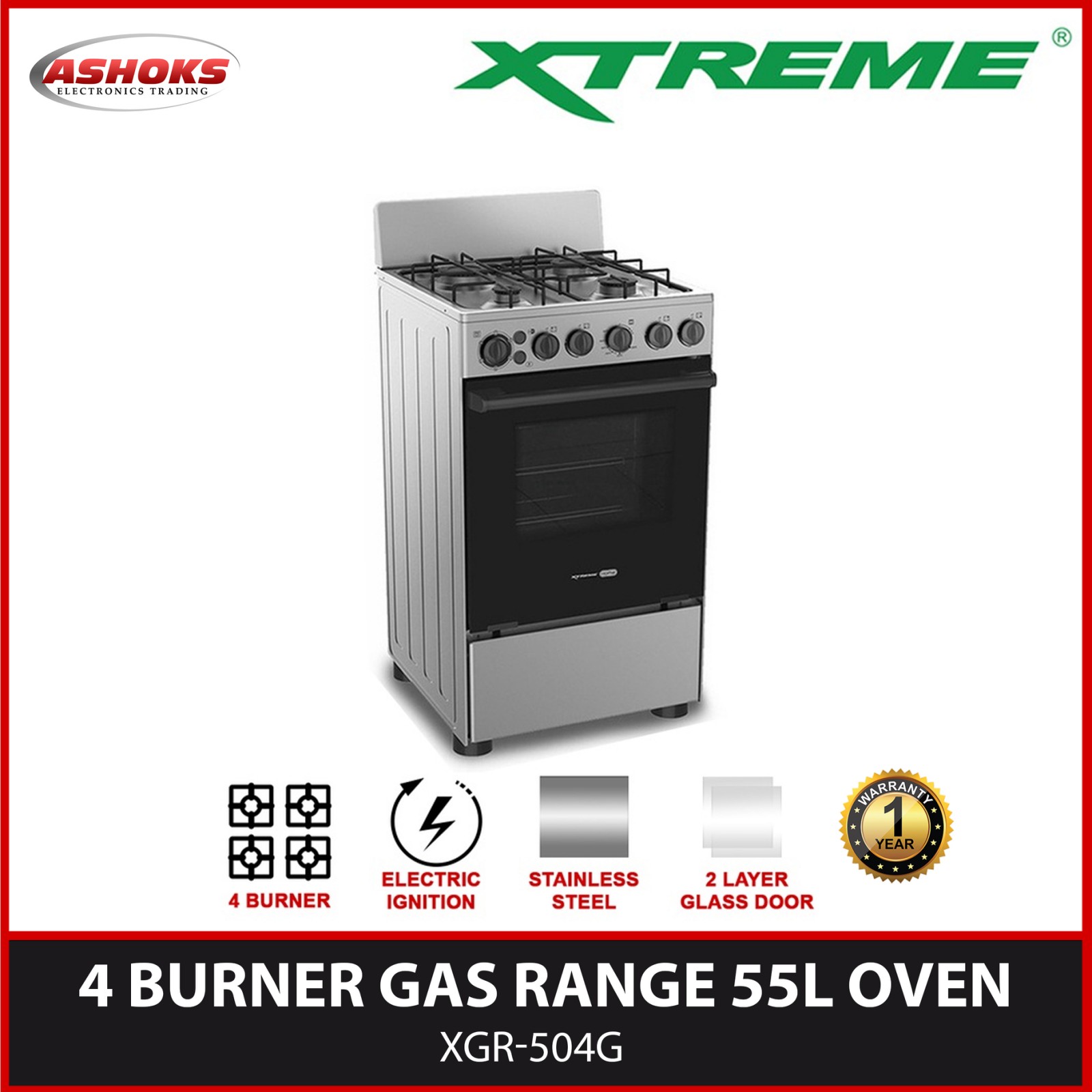 Xtreme XGR504G Gas Range / 4 Burner 55L OvenMaterial Mechanical Control Electric Ignition LPG