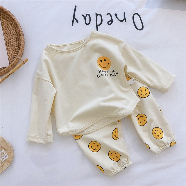 Spring Cute Toddler Kids Loose Casual Outfits Baby Boys Girls Smile Long Sleeve Cotton T shirts And Loose Pants 2Pcs Clotes Set