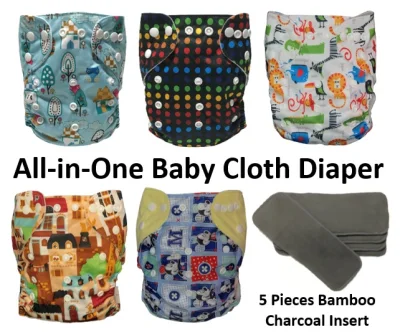 5 Pieces Washable Reusable Cloth Baby Diaper with individual 4-Layer Bamboo Charcoal Insert - Assorted Designs