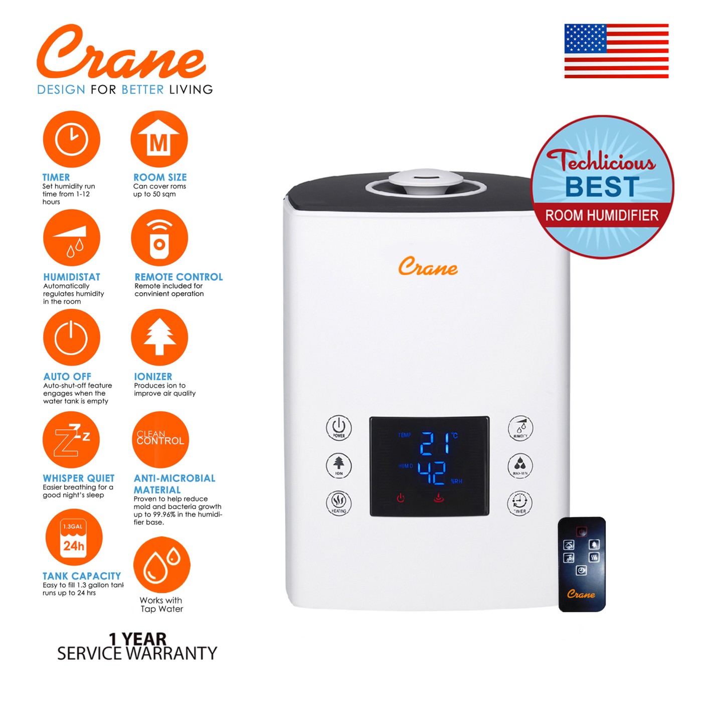 Crane Digital Ultrasonic Warm & Cool Mist Humidifier (w/ Ionizer