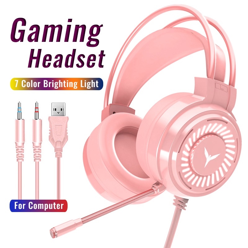 miniso RGB Gaming Headset 7.1 Stereo Headphones Pink Headset Removable