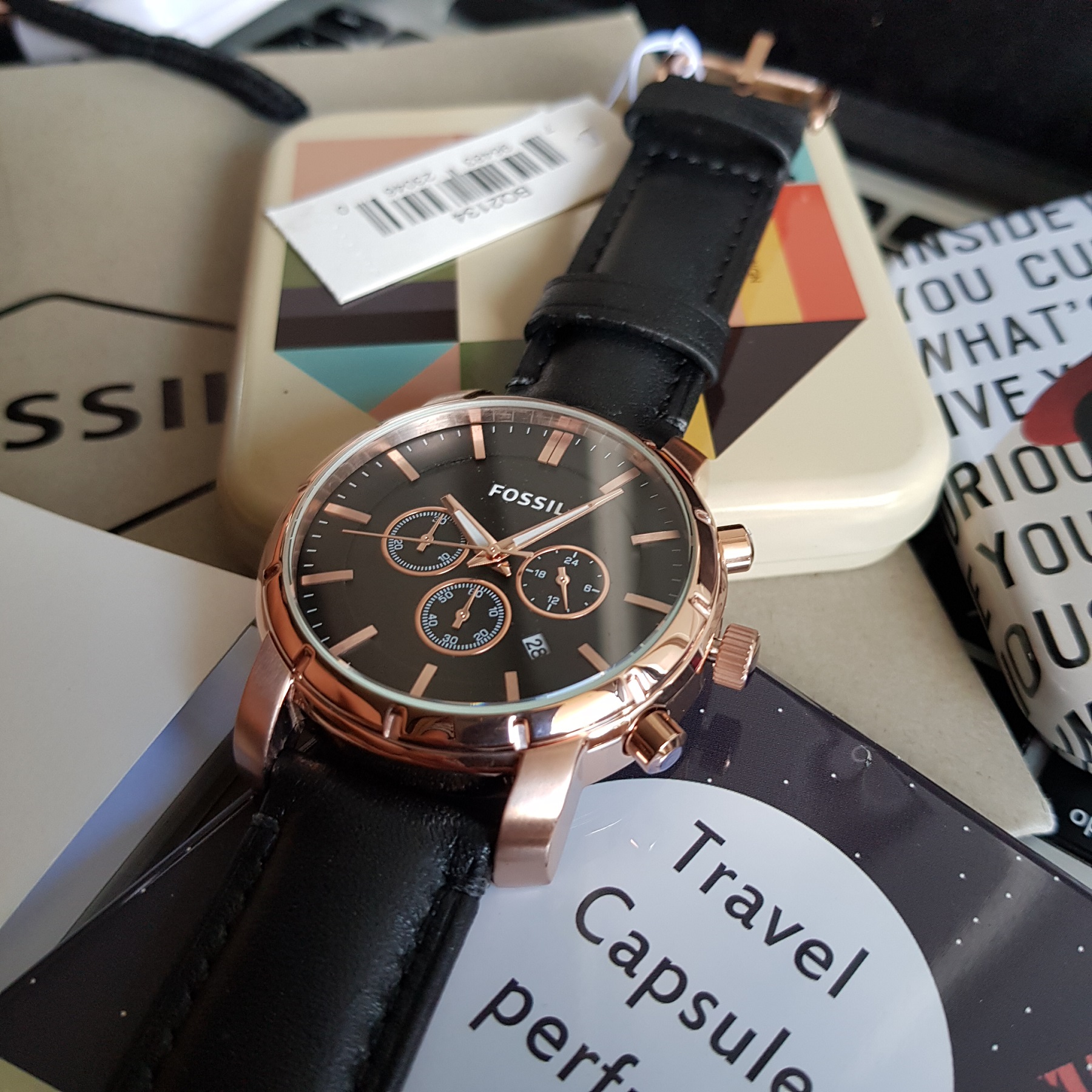 Fossil watch black sale and rose gold