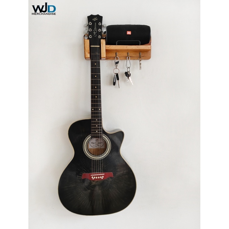 Wooden Guitar Hanger Shelf Pick Holder With 3 Metal Hook FREE CAPO 3