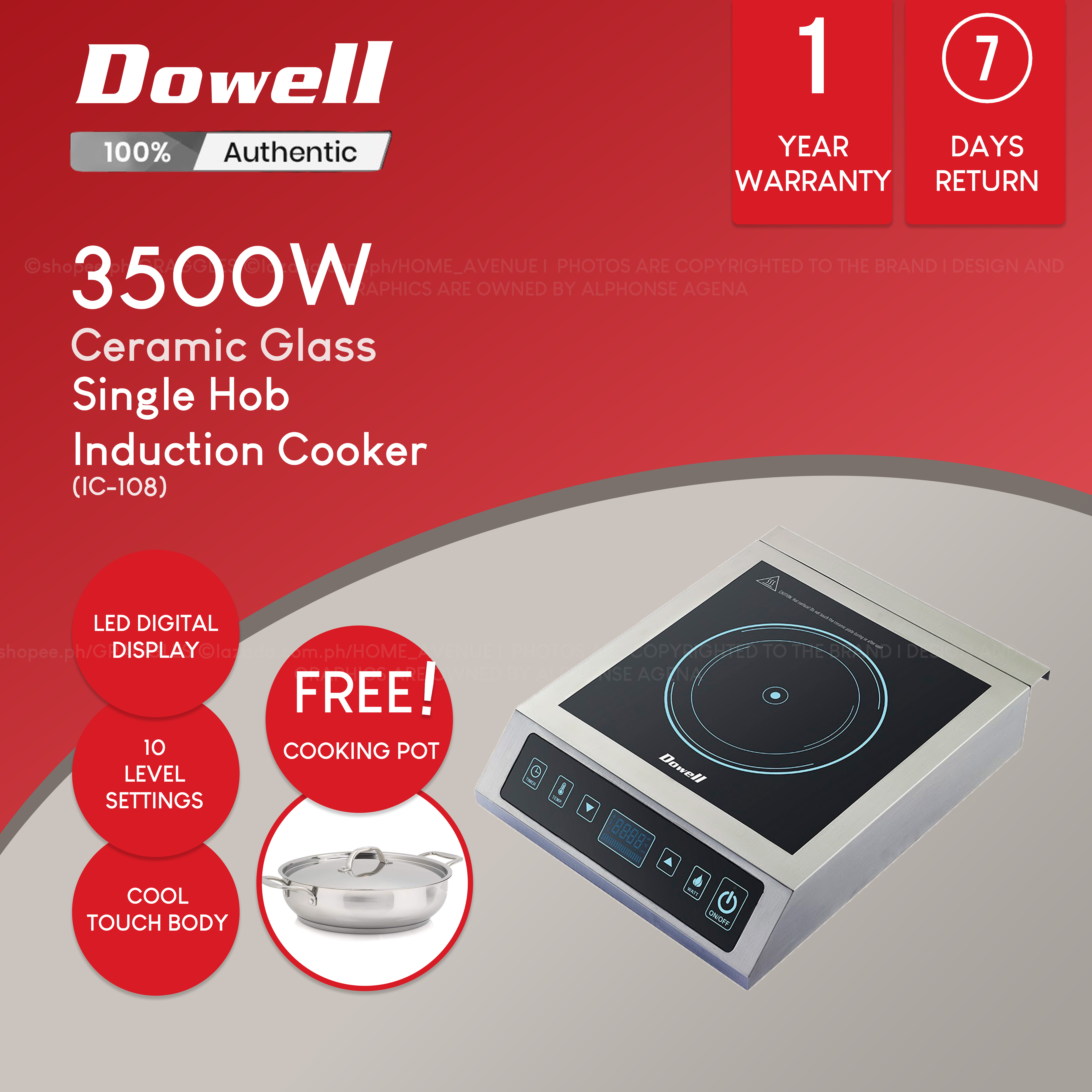 Dowell Single Hob Burner Ceramic Glass Induction Cooker with Free Stainless Steel Cooking Pot IC