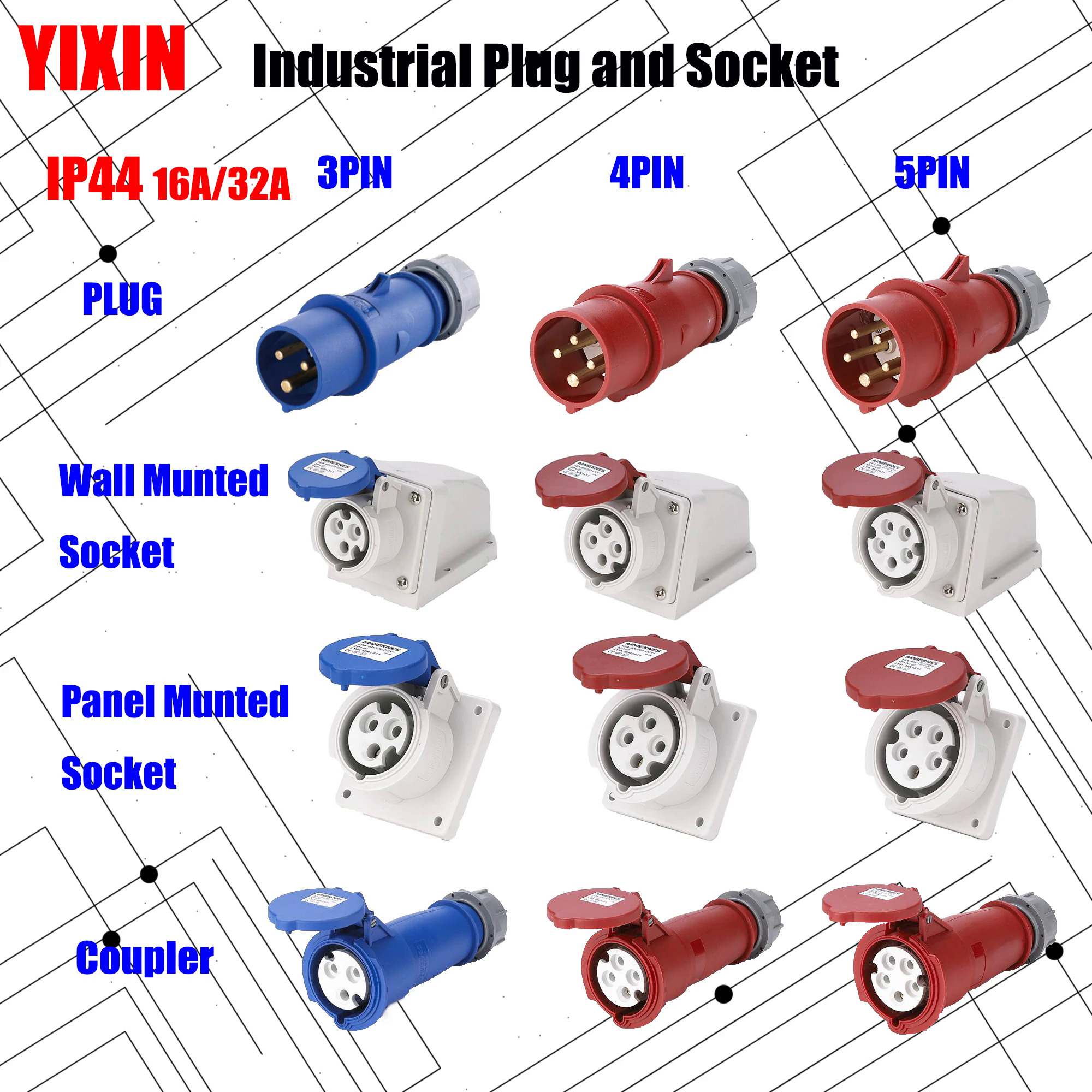 MN industrial plug and socket 16A 32A 3 pin 4 Pin 5 pin IP44 wall ...