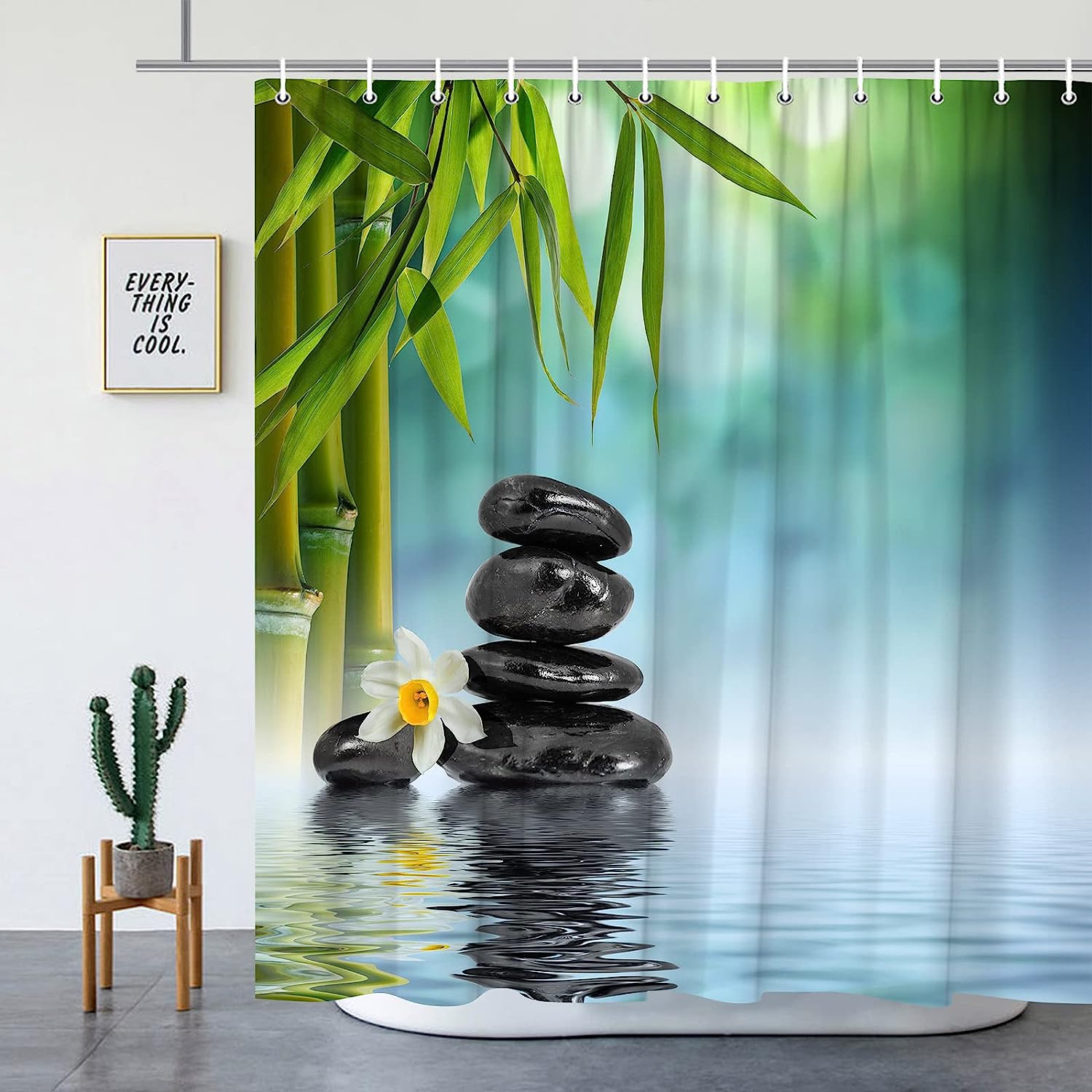 2023 YNKHTEW Zen Garden Shower Curtain Beautiful Peacock Green Bamboo Leaf Purple White Flower
