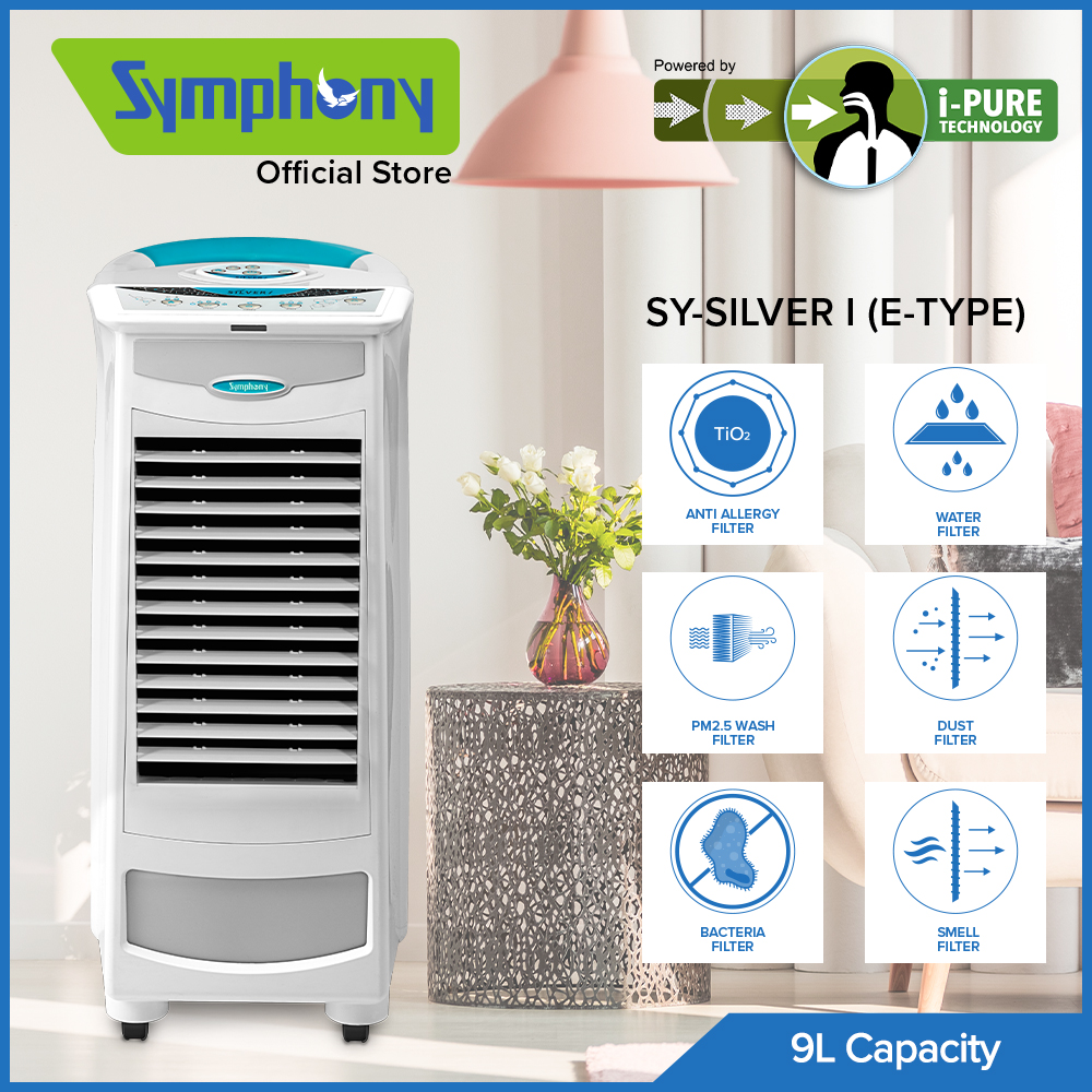 3 Speeds Symphony White Silver-I 9L Evaporative Air Cooler Portable Office/Home Low Energy Consumption Remote Control i-Pure Technology 