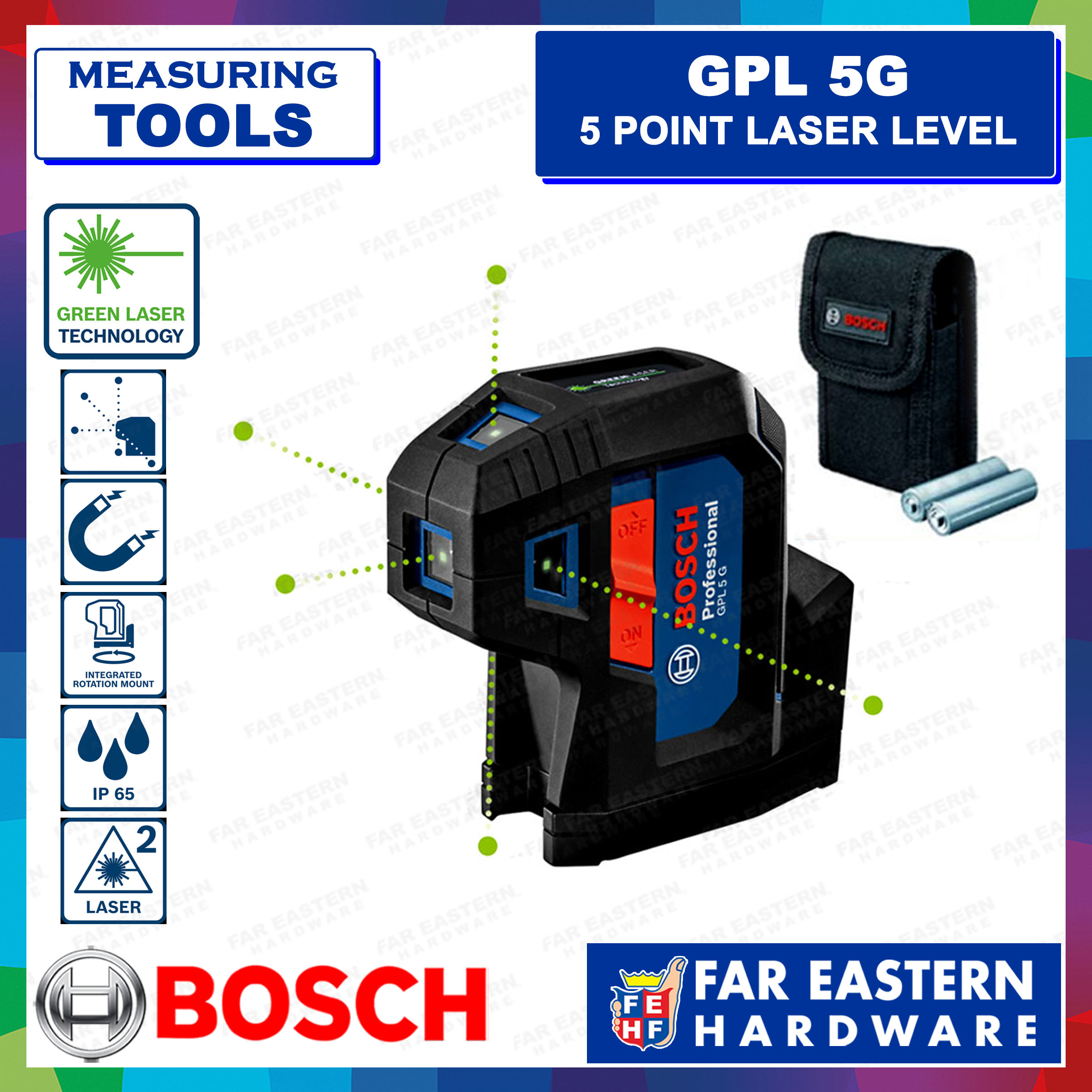 Bosch GPL 5 G Professional 5-Point Laser Measure, Green Laser, 30 m, IP 65,  Two Position Switch, Integrated Rotation Mount, 0.35 kg