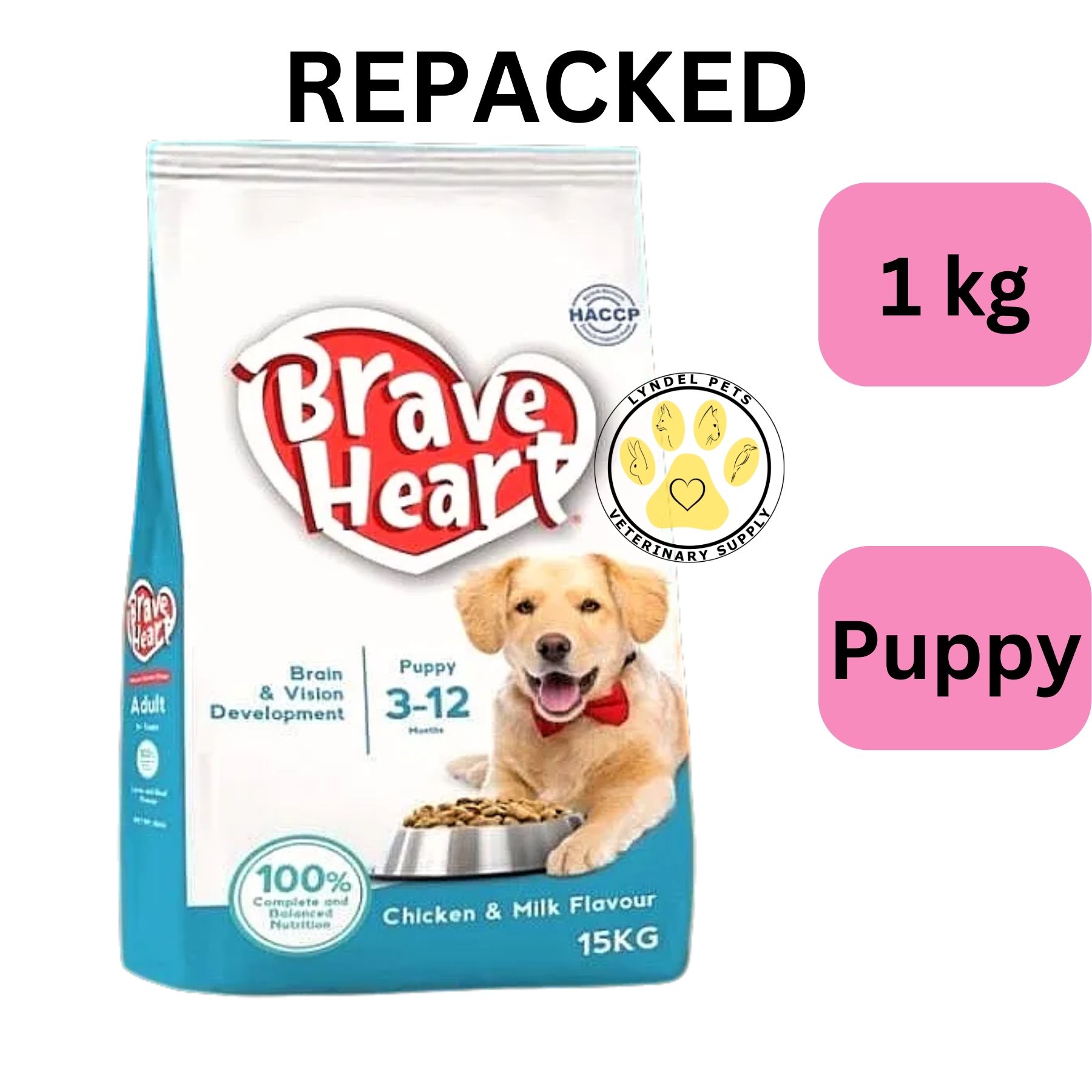 BraveHeart PUPPY food for 3-12 months (1 kg REPACKED) CHICKEN & MILK ...