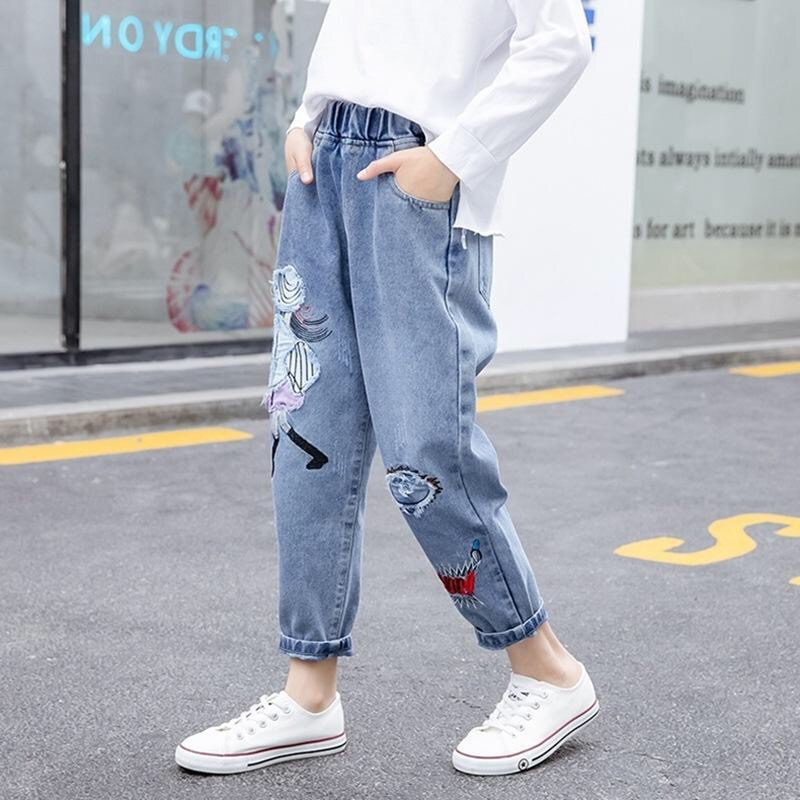 Girls Fashion New Casual Denim Maong Pants Cute Embroided Design Garterized  Jeans Kids 3-12years