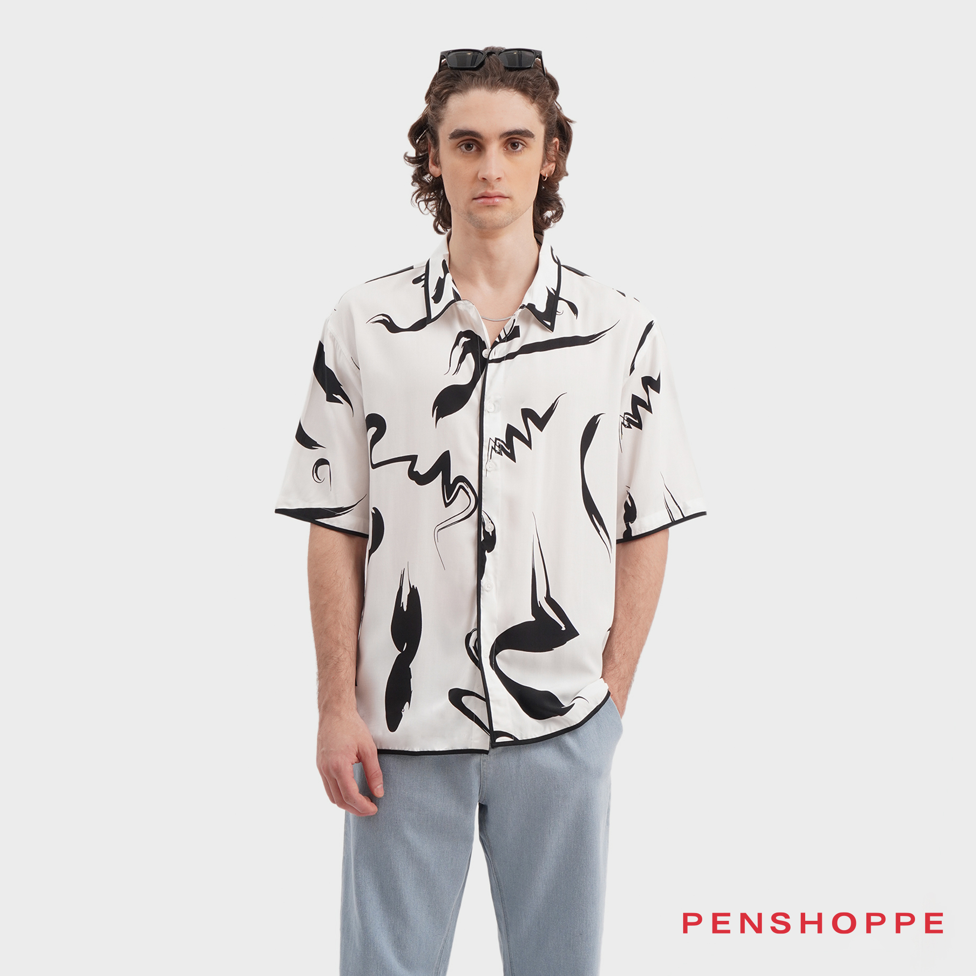 Penshoppe Relaxed Fit Shirt With All Over Print For Men White