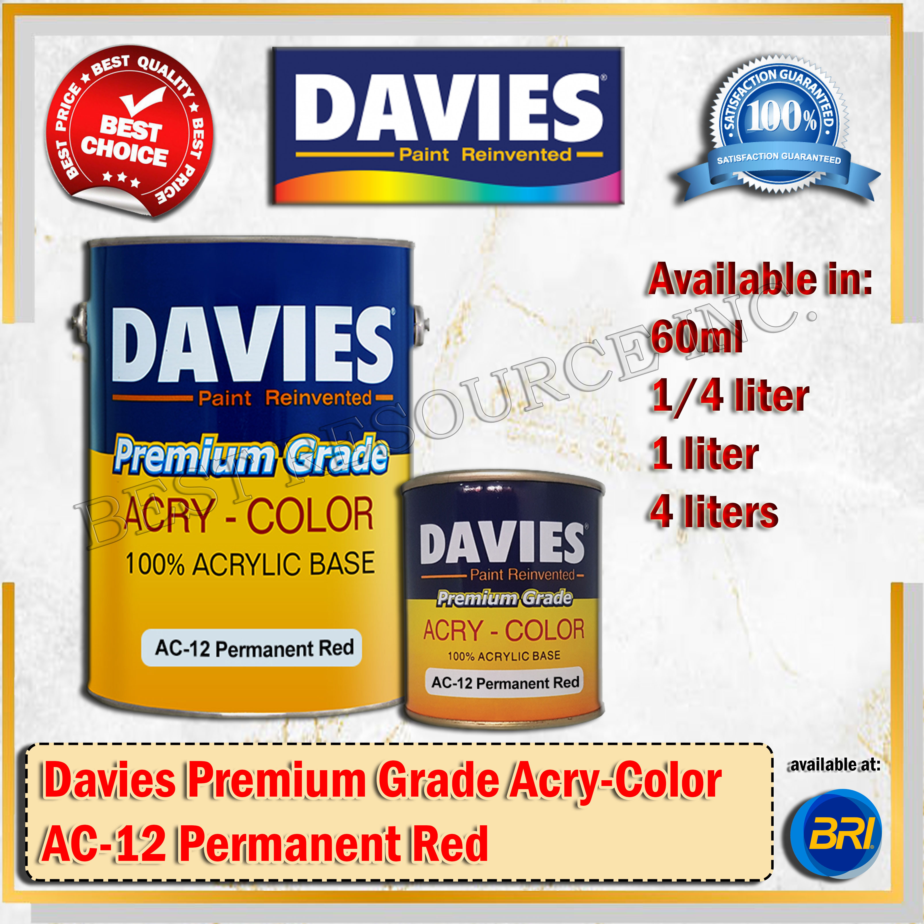 Davies Premium Grade AcryColor AC12 Permanent Red 60ml 1/4 liter
