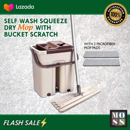 Manda´s High Quality Self-Wash Squeeze Dry Flat Mop With Bucket Scratch A Net Stainless Steel Automatic Floor Hands Free Wash Microfiber Lazy Mop with 2 Microfiber Mop Pads