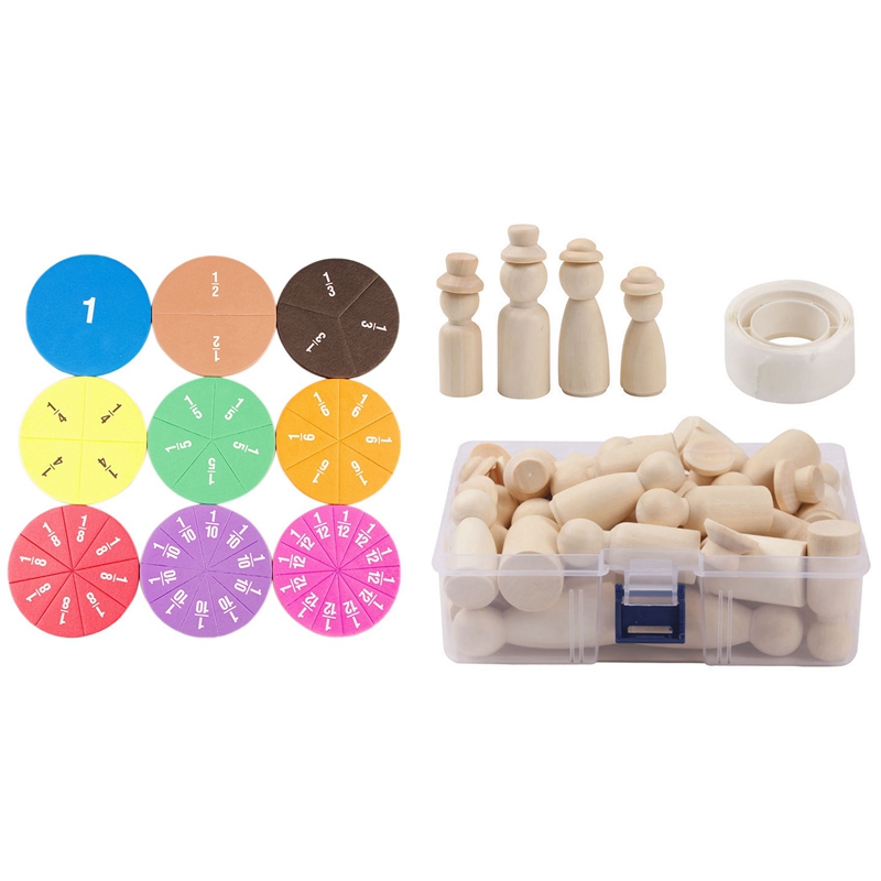 36Pcs Wooden Peg Dolls Wooden Peg People 53mm/65mm with Circular Fractions Counting Kids Early Educational Math Toys