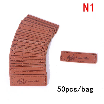 FourSeason 50Pcs Brown Made with Heart PU Leather Handmade Label Tags DIY Sewing Craft