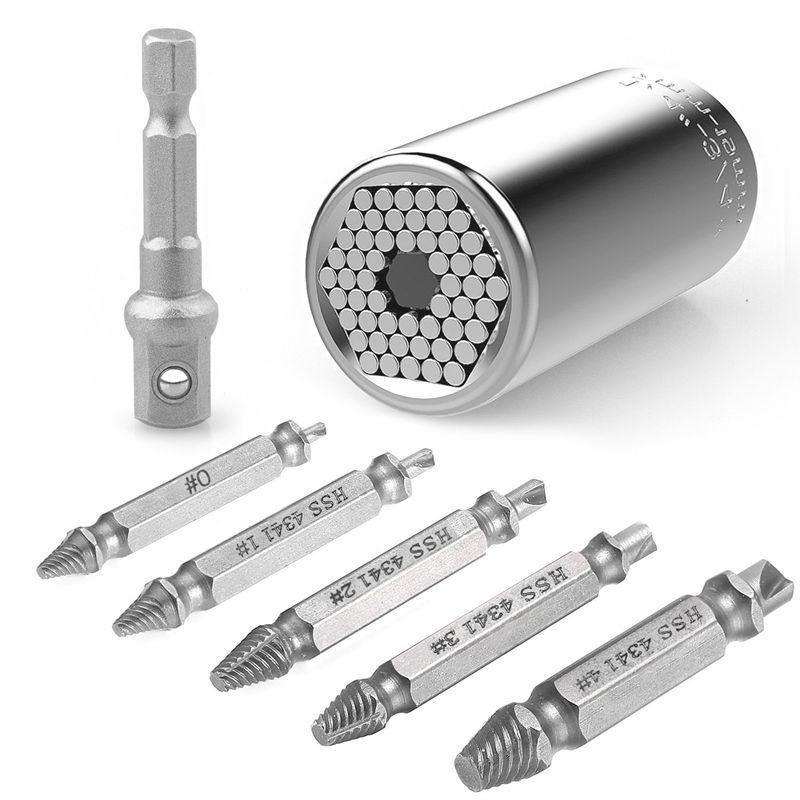 Universal Socket Damaged Screw Extractor Set, Multi-function 7mm-19mm Universal Socket Adapter Wrench with 5 Pcs Damaged Screw Remover Easily Remove Stripped Or Damaged Screws