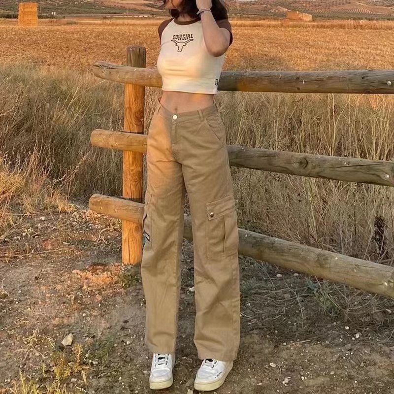 High Waist Fashion Wide Leg Pockets Cargo Baggy Pants For Women