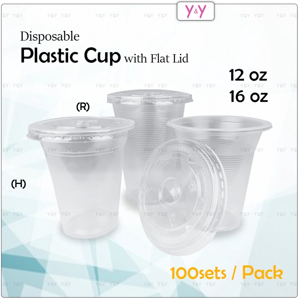100set Disposable Plastic Cup with Flat Lid / Disposable Plastic Cup