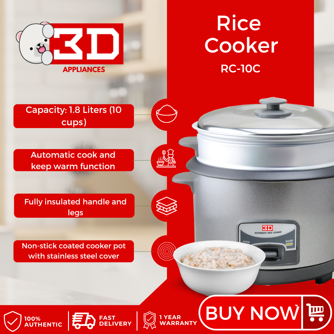 3D RC-10C Rice Cooker 1.8L with Steamer | Lazada PH