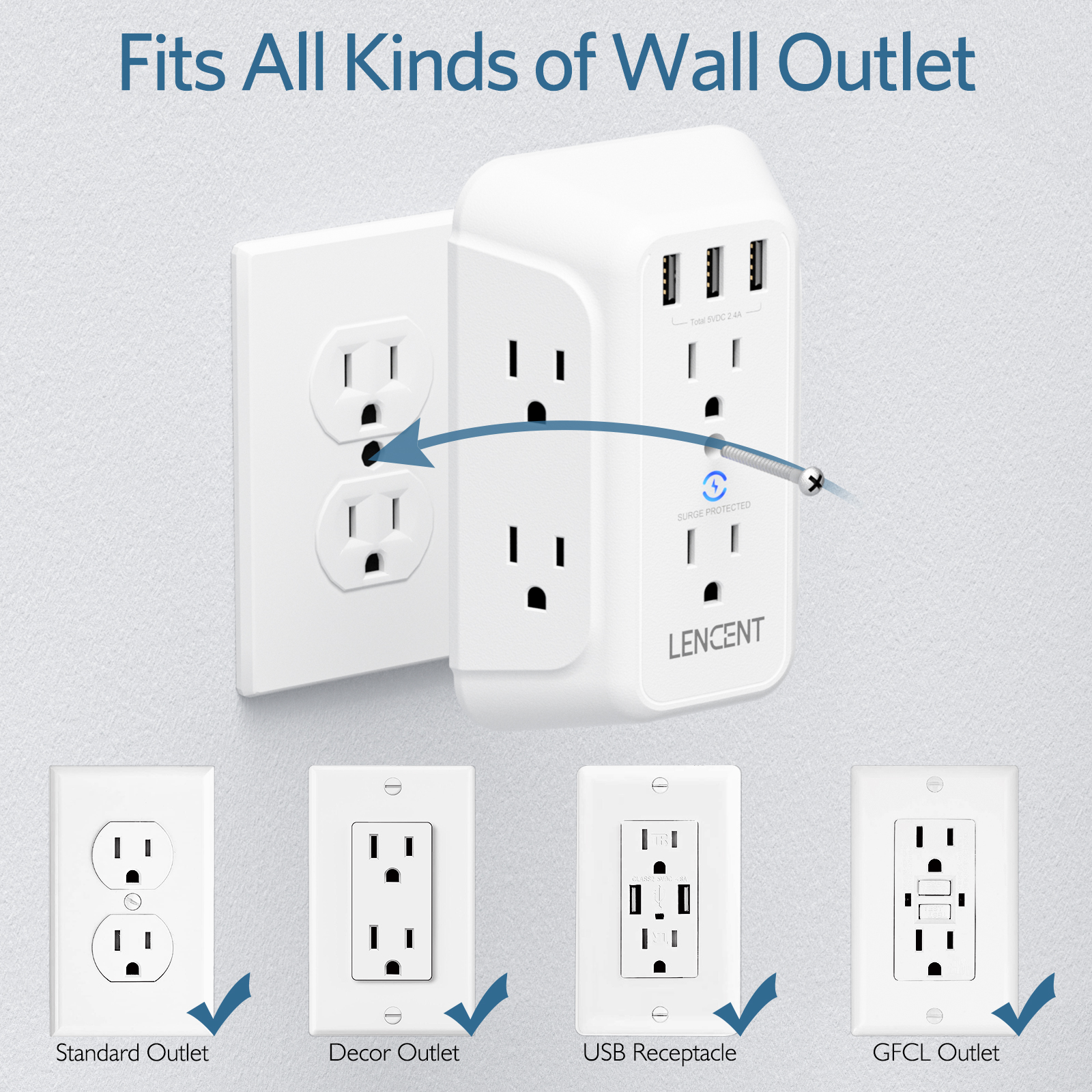 LENCENT Wall Socket Extender with 3 AC Outlets 3 USB Ports And1 Type C 7-in-1 EU Plug Charger On/Off Switch for Home - 44