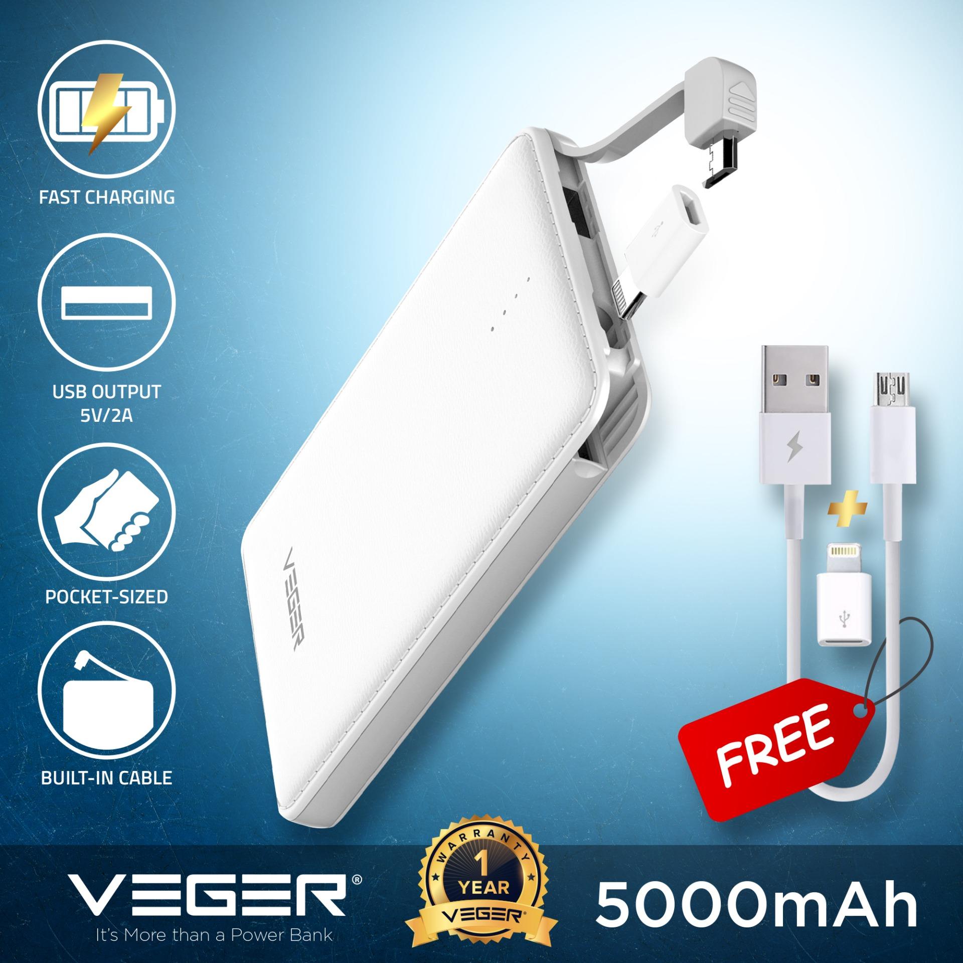 VEGER VP0508 5000mAh Power Bank Slim Fast Charge Powerbank With Built-In USB Cable and iPhone Connector External Battery Portable Charger	