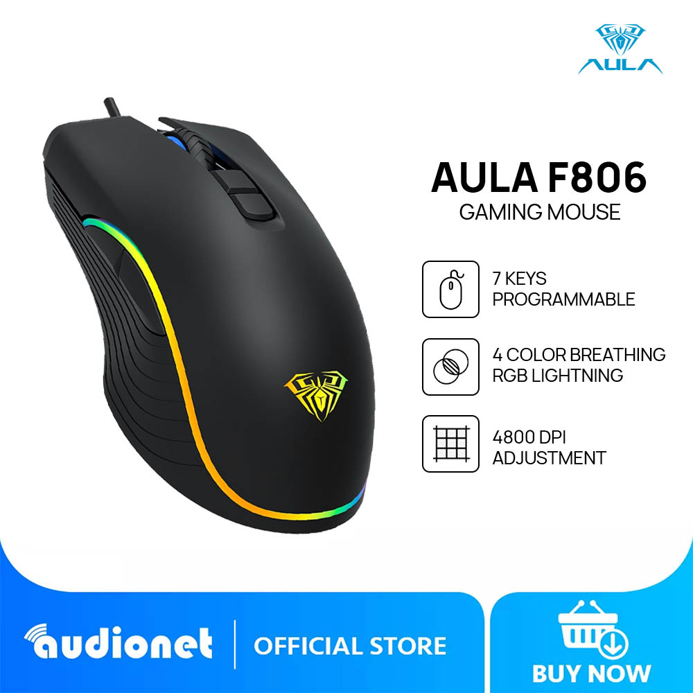 AULA F806 Gaming Mouse RGB Backlit 4800DPI Adjustment USB Wired for PC ...