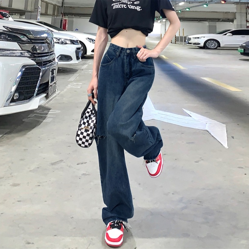 Korean Ripped Jeans Wide Leg Boyfriend Jeans High Waist Straight Loose ...