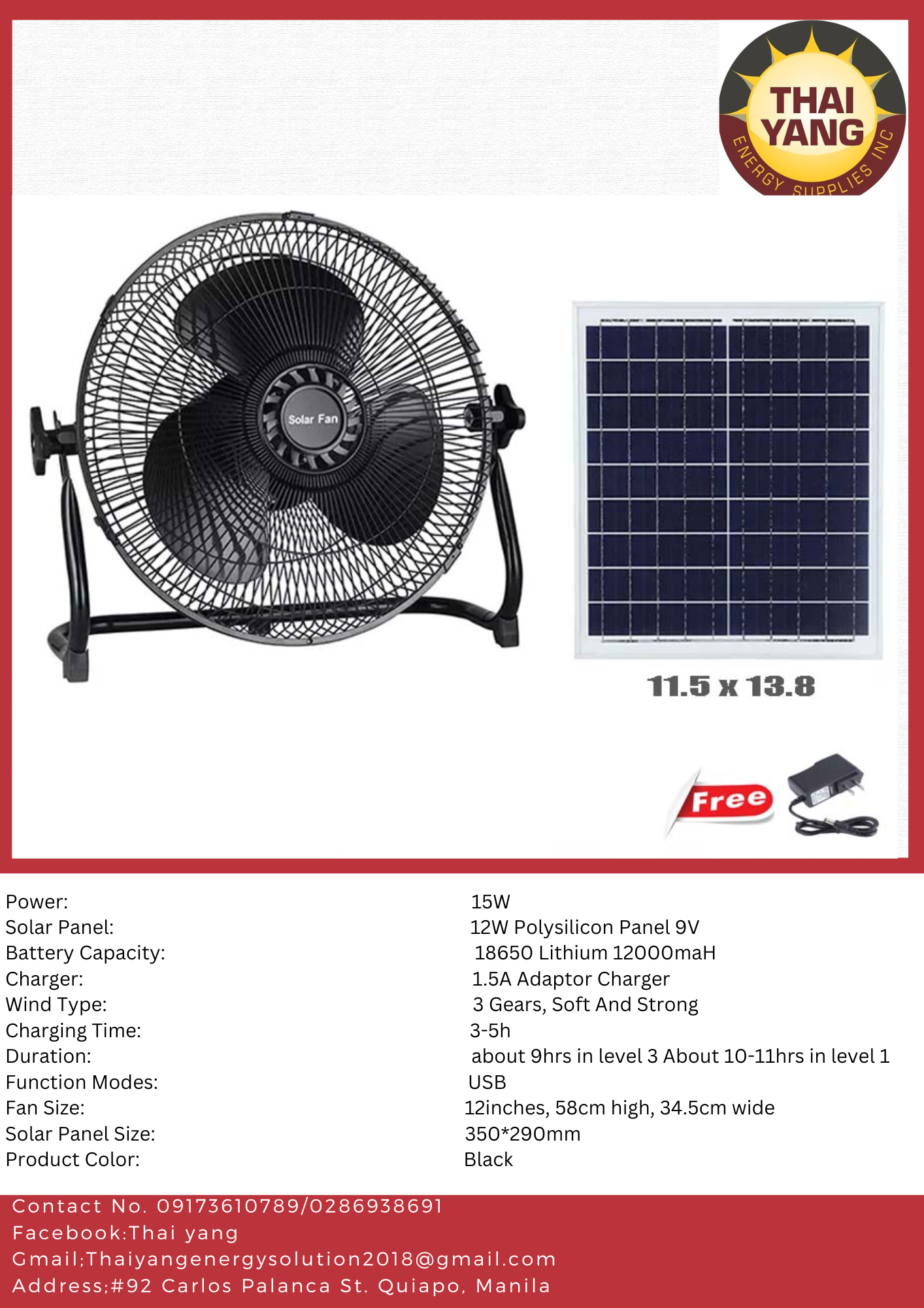 T818 12" 15W Solar Fan with Solar Panel Low Noise Home Outdoor Portable