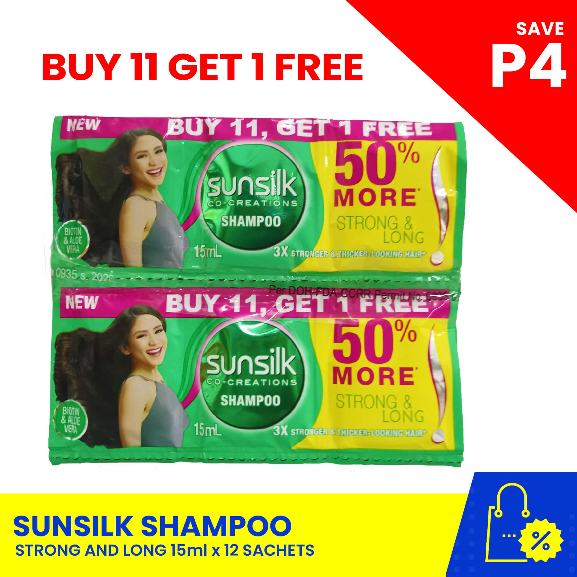 SUNSILK Shampoo Strong & Long 11+1 sachets 15ml, hair care, personal